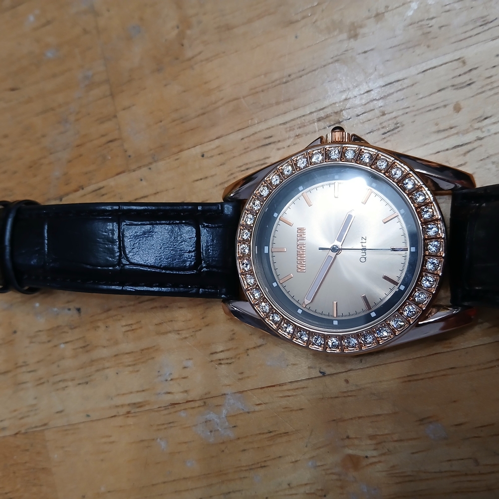 Black and Gold Quartz Watch with Crystal Accents